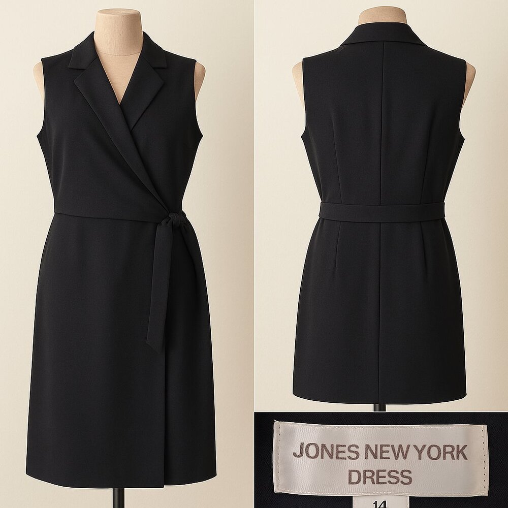 Jones New York Dress Sz 14 Faux Wrap Lil Black Dress Classic Old Money Luxury